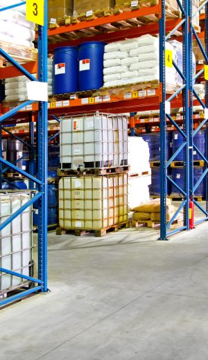 Flammable liquids materials in big industrial warehouse